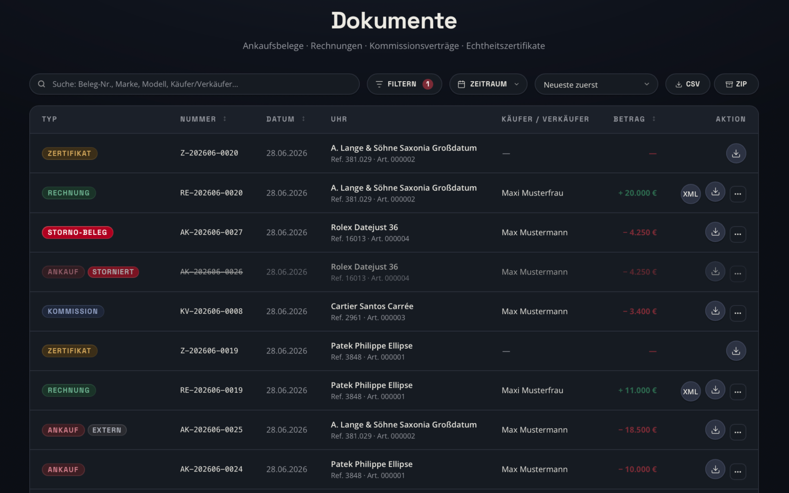 Beleg-Editor von watch-inventory.com